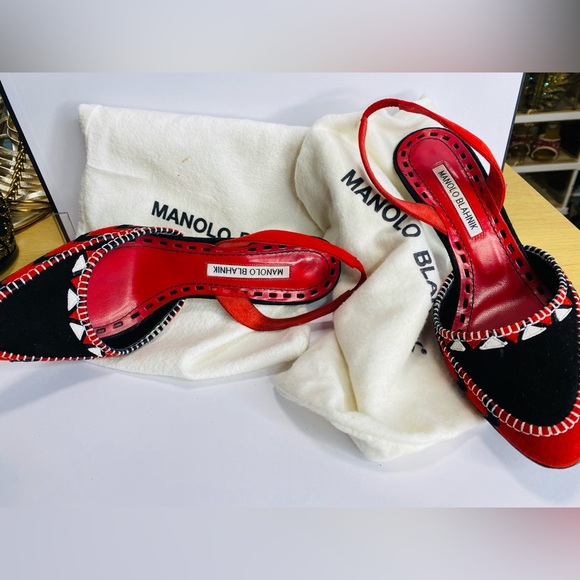 Manolo Blahnik Red and Black Patterned Suede snd Leather Heels Authentic - Picture 12 of 13